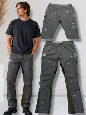 Gallery Dept. Men's W32 L31 Flared Leg Green Carpenter Paint Splatter Pants